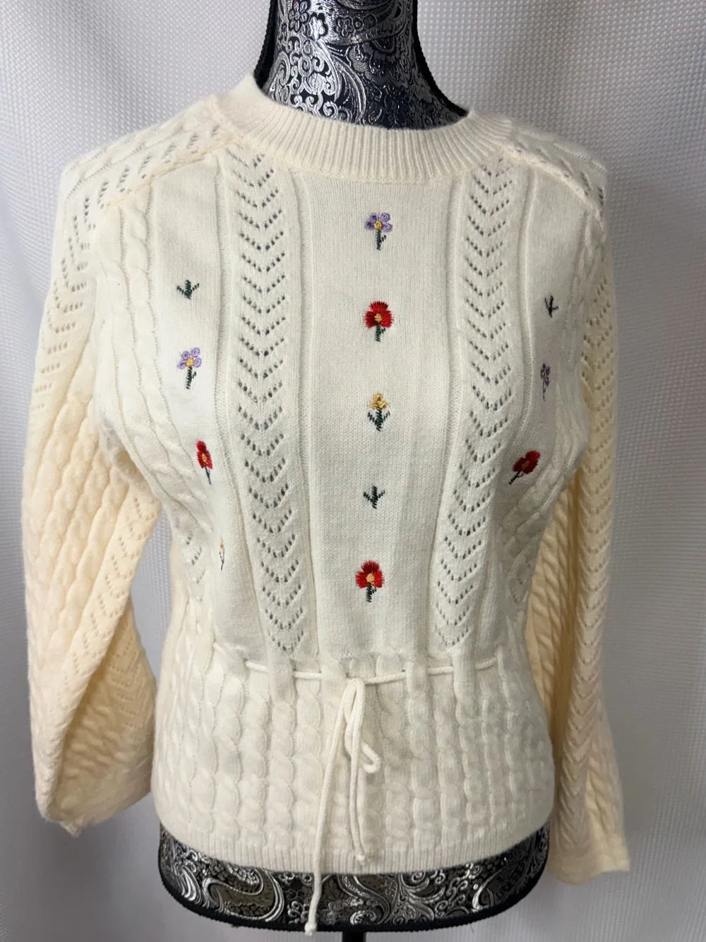 Storia Cream Embroidered Cable-Knit Crew Sweater with Waist Tie
